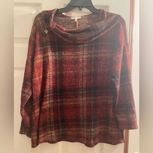 Plaid Cowl Neck Sweater - Maroon, Orange, Gold and Black